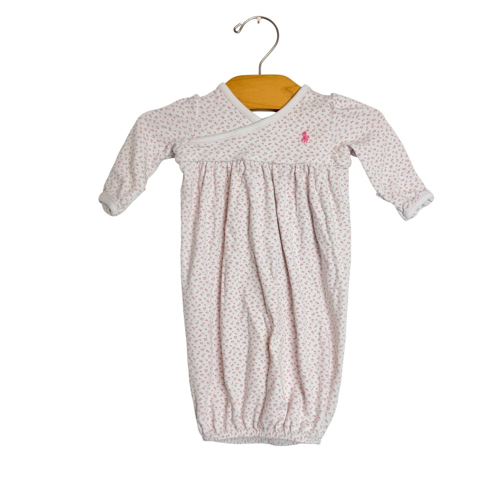 Ralph Lauren Baby Girl Newborn Pink Floral Wrap Gown Mitten Cuffs Pony Logo